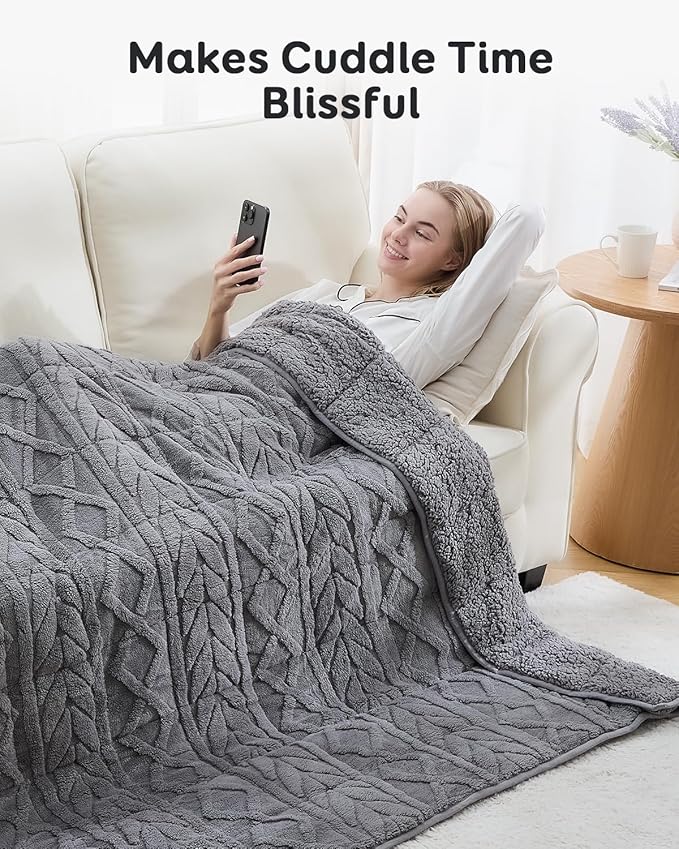 Sivio Weighted Blanket Full Size 12 lbs for Adults, Sherpa Fleece Weighted Blanket Jacquard Heavy Blanket for Sleeping, Reversible Super Soft Warm Cozy Fluffy Blanket for Adult, 48 x 72inches, Grey
