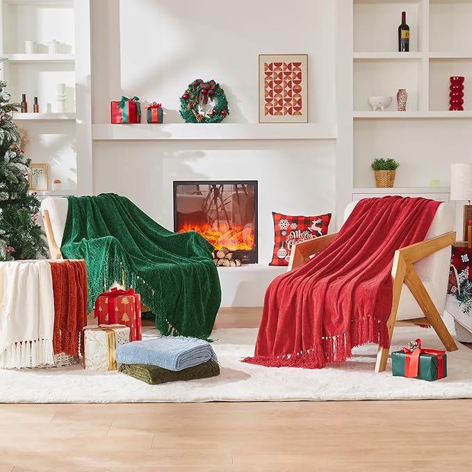 CozeCube Chenille Throw Blanket for Couch, Cozy Plush Fuzzy Decorative Christmas Red Blanket with Fringe Tassels, Lightweight Throws for Bed Sofa Gift Home Decor, 50"X60"