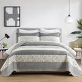 Stripe King Size Quilt - 100% Cotton Lightweight Quilt Bedding Set 3 Pieces, Vintage Vine Pattern Quilted Bedspread with 2 Pillow Shams, Farmhouse Printed Coverlet for All Season, Gray