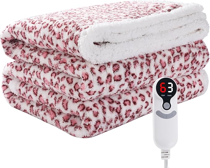 Electric Heated Blanket Full Size 72×84, 10H Auto Off & 6 Heating Settings Fluffy Ultra Soft Warmth Lightweight Cozy Plush Sherpa Machine Washable, Fast Heating, Home Office Leopard Print Pink & White