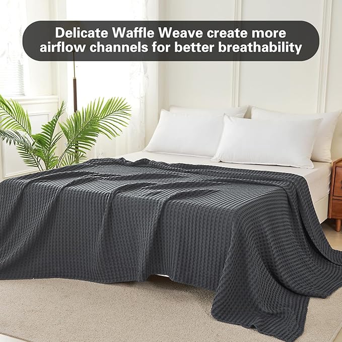 Aganear Waffle Blanket - Lightweight Breathable Summer Blanket of 50% Cotton and 50% Rayon Derived from Bamboo for Hot Sleepers Luxury Throws for Bed, Couch and Sofa,Dark Grey,66x90 Inches