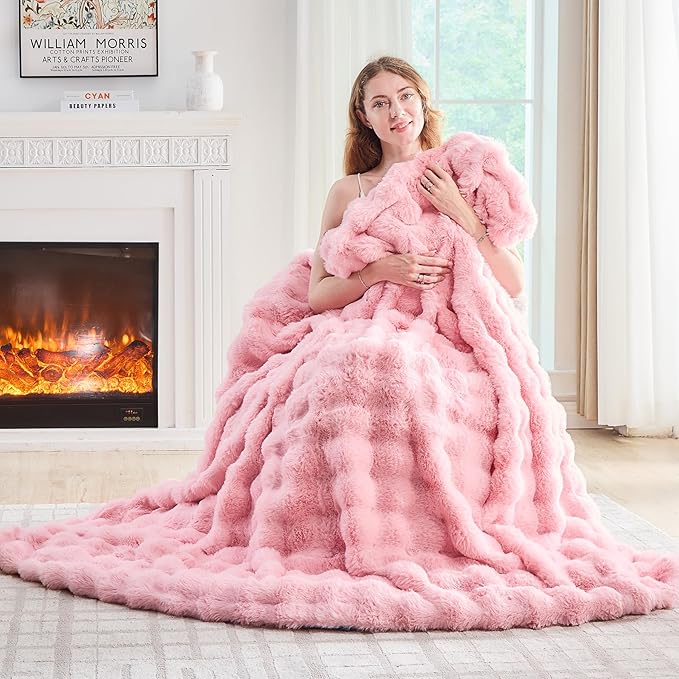 Pink Faux Fur Throw Blanket Soft Plush Fluffy Bubble Texture Cozy Blanket for Couch Bed Sofa Warm Thick Luxury Home Decor Gift for Women Mom Girlfriend (Throw Size 50''x60'', Pink)