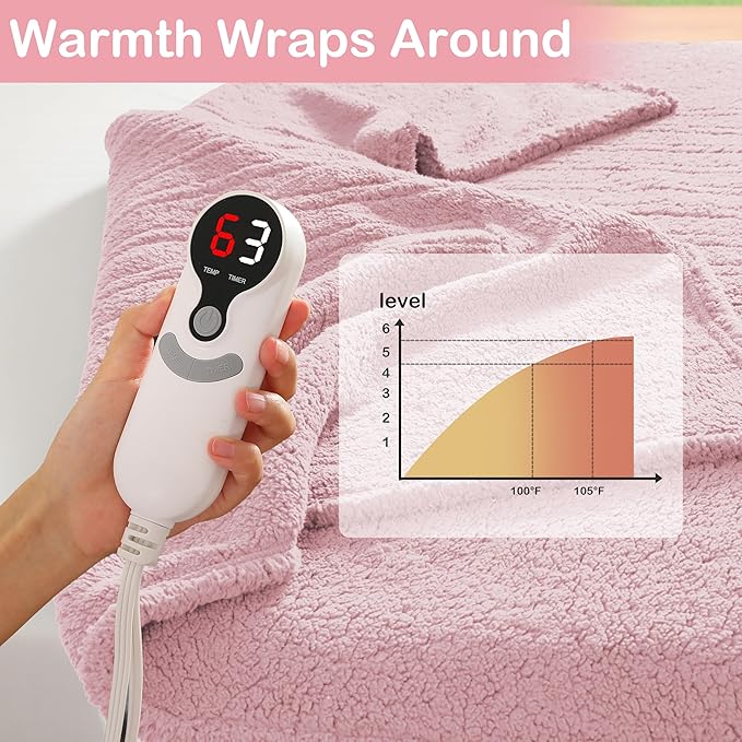 Electric Heated Blanket 6 Heating Settings & 1-10H Auto Off Full 72×84 Double Sided Plush Sherpa Ultra-Soft Warm Thick, Machine Washable, Fast Heating, Home Office Light Pink