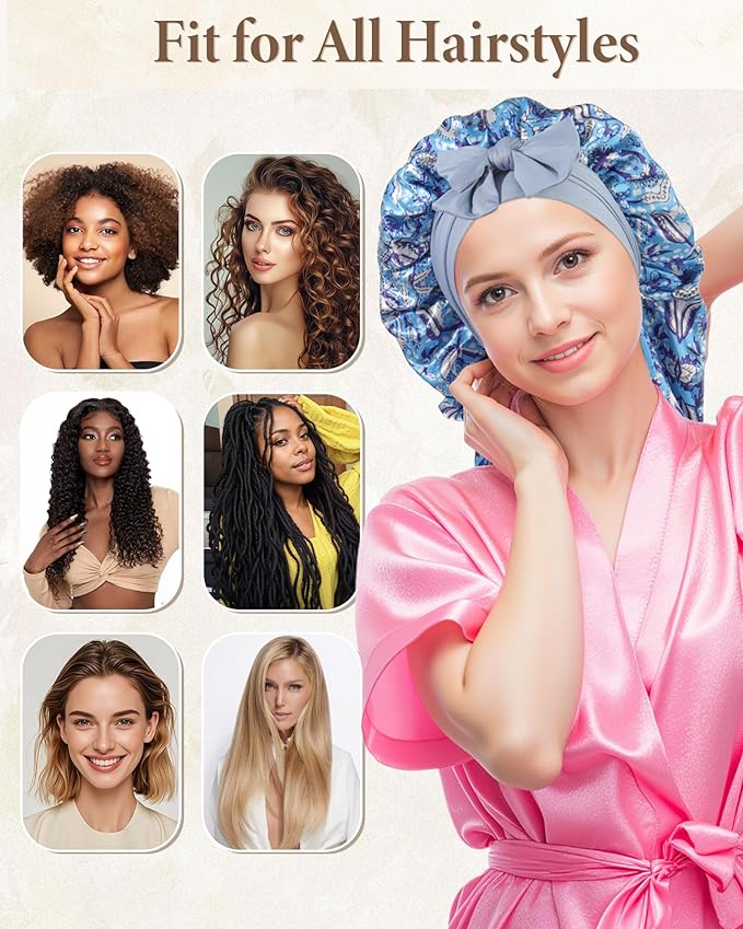 AWAYTR Long Satin Bonnet for Sleeping, Reversible Double Layer Hair Bonnet with Elastic Tie Band (Ethnic Floral Print+Blue)