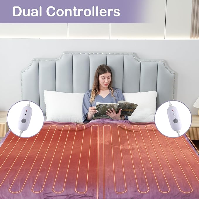Electric Heated Blanket Queen Size 84"x90", Dual Controllers, Cozy Large Oversized, 5 Heating Levels & 10 Hours Auto Off, Cozy for Bed, Sofa, & Office, Machine Washable, Purple