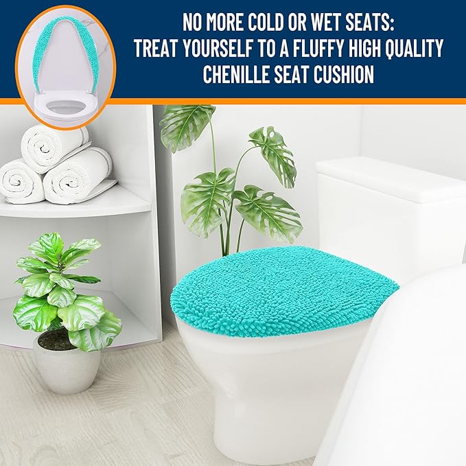 OLANLY Soft Chenille Bathroom Toilet Lid Cover, Machine Washable Seat Covers, 17.5x15, Stays in Place Rubber Backing, Fits Most Round, Elongated and Oblong Lids, Accessories Decor, Teal