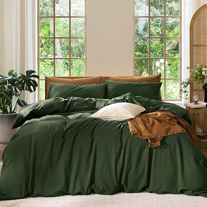 MooMee Bedding Duvet Cover Set 100% Washed Cotton Linen Like Textured Breathable Durable Soft Comfy (Solid Forest Green, Alaska King 132"x120")
