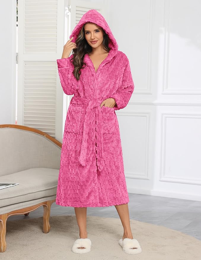 Ekouaer Womens Plush Robes Long Soft Jacquard Fluffy Bathrobe Hooded Robe Sleepwear with Pockets