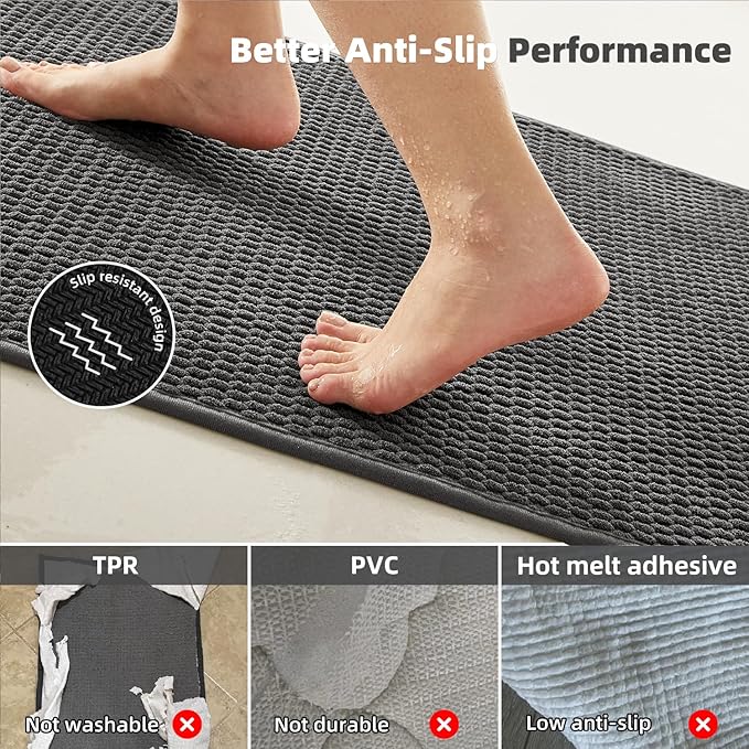 Bathroom Rugs Non Slip Washable, Super Absorbent Thin Bath Mat Quick Dry Low Pile Bathroom Rug, Dark Grey 20"x48"
