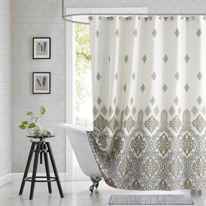 Fabric Shower Curtain 78 Inches Long, Ivory Taupe Blue Moroccan Paisley Pattern Shower Curtains for Bathroom, 72" W x 78" H