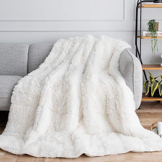 Uttermara Shaggy Faux Fur Weighted Blanket 15lbs, Super Soft Plush Fleece and Cozy Sherpa Reverse, Decorative Long Fur Throw Blankets 48"x72" 15LBS Cream