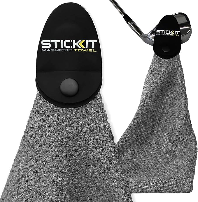 STICKIT Magnetic Towel, Grey | 2-Pack | Top-Tier Microfiber Golf Towel with Deep Waffle Pockets | Industrial Strength Magnet for Strong Hold to Golf Carts or Clubs