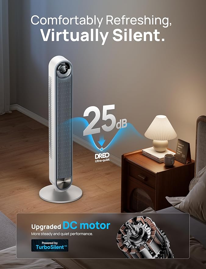 Dreo Tower Fan for Bedroom, Upgrated DC 9 Speeds Ultra-Quiet Floor Fan, 90° Oscillating Fans for Indoors with 28ft/s Velocity, 12H Timer, Standing Fans, Bladeless Fan Powerful for Home Office Room