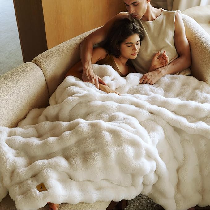 Bedsure GentleSoft Fluffy Faux Fur Blanket Twin Size, Fuzzy Soft Bubble Blanket for Couch, Faux Fur Decor for Home Bedroom Living Room, Thick Furry Cozy Gifts for Women, Cream, 60x80 Inch