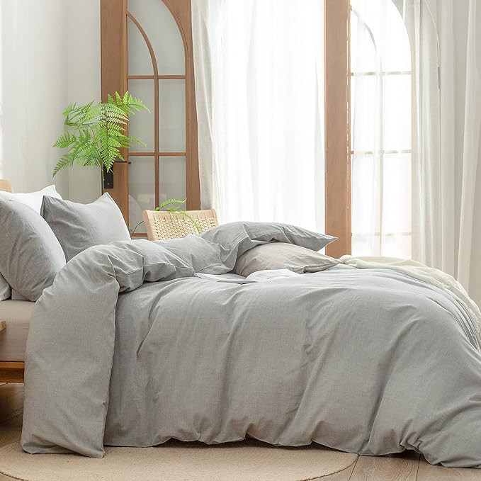 BESTOUCH Duvet Cover Set 100% Washed Cotton Linen Feel Super Soft Comfortable Chic Lightweight 3 PCs Home Bedding Set Solid Light Grey Super Queen
