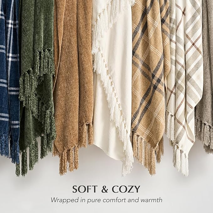 EVERGRACE Soft Chenille Throw Blanket for Couch, Cozy Plush Fuzzy Decorative Chenille Knit Throw Blanket with Tassels, Lightweight Blanket and Throws for Bed Sofa Gift Home Decor, Khaki 60"x80"
