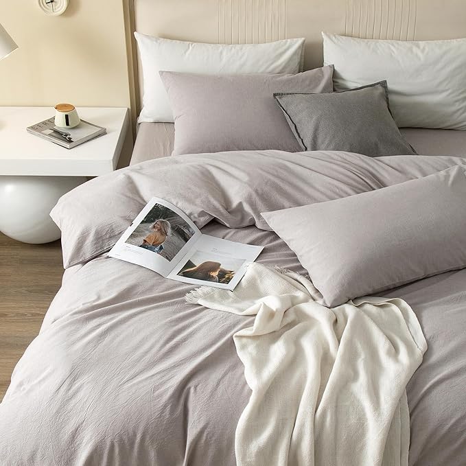 JIYUAN 100% Washed Cotton Duvet Cover Set 3 Pieces Cal King, 1 Duvet Cover 104x98 Inches(Comforter Not Included) and 2 Pillowcases,Linen Feel Bedding Set Comfy and Breathable, Heathered Linen
