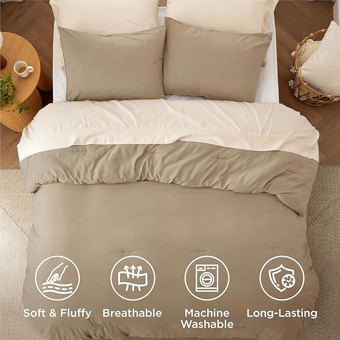 Bedsure Oversized King Size Comforter Set, Khaki Soft Prewashed Bedding for All Seasons, 3 Pieces GentleSoft™ Down Alternative Bed Set, 1 Lightweight Comforter (120"x98") and 2 Pillowcases (20"x36")
