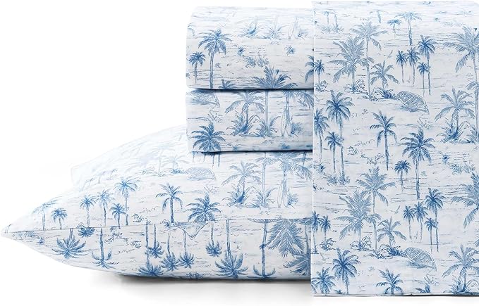 Tommy Bahama - Queen Sheets, Super Soft Cotton Percale Bedding Set with Matching Pillowcases, Crisp & Cool, Coastal Room Essentials (Surfside Blue, Queen)