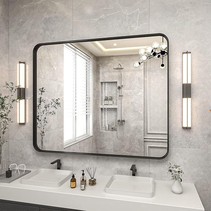 VooBang Bathroom Mirror 30x40 inch, Black Gorgeous Deep Frame Wall Mirror, Modern Round Corner Bathroom Vanity Mirror for Bedroom, Living Room, Hanging or Leaning Horizontal or Vertical, Black