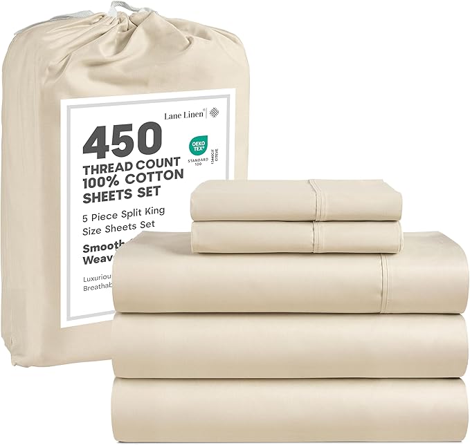 LANE LINEN Split King Bed Sheets for Adjustable Bed – 450 Thread Count 100% Cotton Sheets, Soft & Fade-Resistant Sateen Weave, 15” Deep Pocket Fully Elasticized Fitted Sheet, Premium Bedding, Ivory