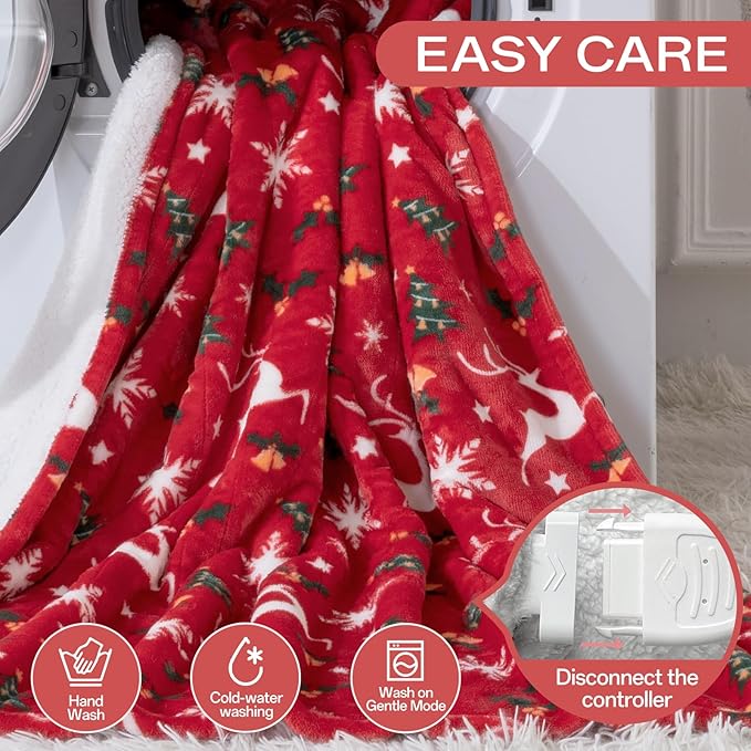 Heated Blanket Twin Size, Electric Blanket with 1-10 hrs Timer Auto-Off & 8 Heating Levels, Flannel& Sherpa Heating Blanket with ETL Certified, Christmas Blanket Gifts Machine Washable (62x 84”, Red)