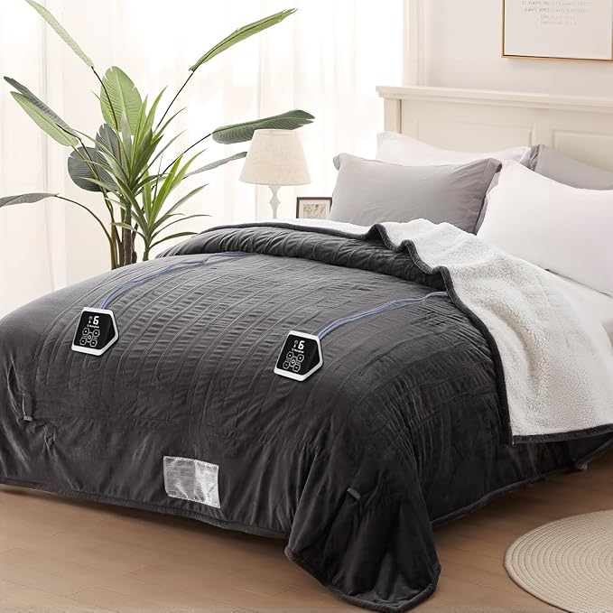 Westinghouse Heated Blanket Queen Size, Soft Flannel to Sherpa Electric Blanket with 10 Heating Levels, 12 Hours Auto Off, Fast Heating Blanket, Machine Washable, 84x90 Inch, Charcoal
