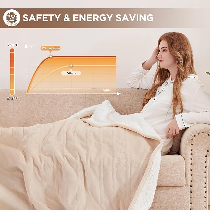 Westinghouse Heated Throw Blanket, Soft Flannel to Sherpa Electric Throw with 6 Heating Levels, 2-10 Hours Time Settings, Fast Heating, Machine Washable 50x60 Inch, Ivory