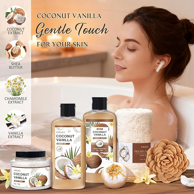 Christmas Gifts For Women - 16 PCS Gift Basket for Women Set of Coconut Vanilla Self Pampering Set, Includes Luxurious Home Spa Shower Gel Bubble Bath