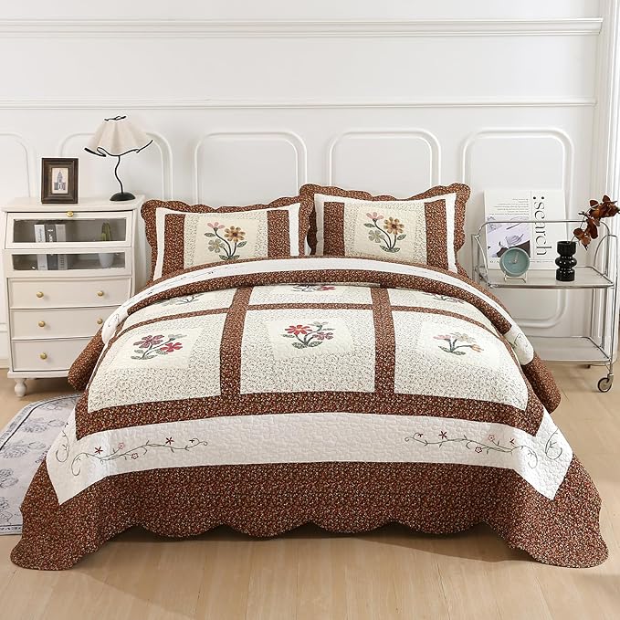 vctops 3 Piece Embroidered Floral Quilted Bedspread Quilt Set 100% Cotton Reversible Patchwork Coverlet Set 1 Quilt and 2 Pillow Shams (Coffee,King)