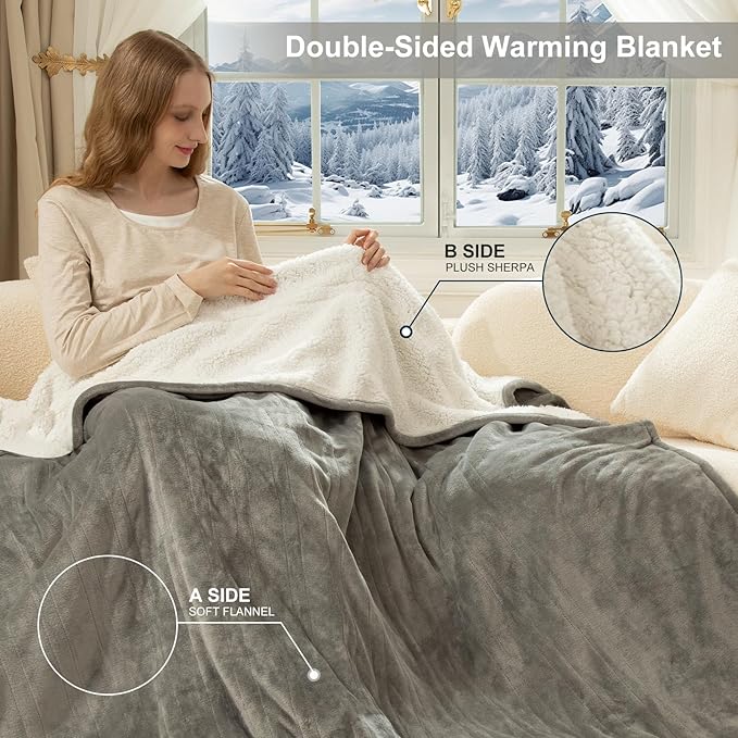 King Size Electric Blanket with Dual Control - Washable Heated Blanket King with 5 Heat Levels, 10 Hrs Auto Off, Overheat Protection, Flannel Sherpa Heating Blanket 100" x 90", Grey