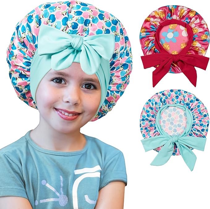 2 PCS Kids Bonnets for Girls, Silk Bonnet for Kids, Satin Bonnet for Sleeping, Baby Toddler Tie Bonnet Sleep Cap