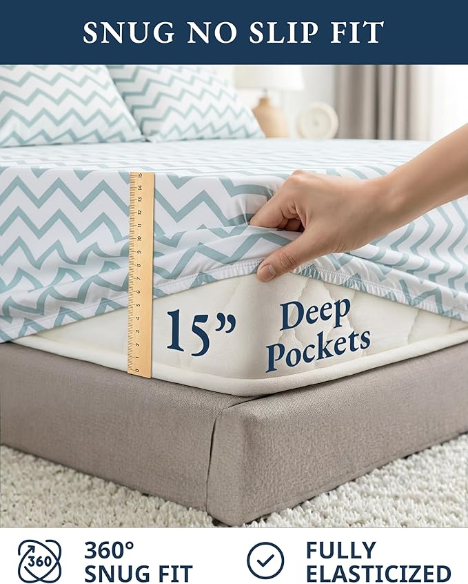LANE LINEN 100% Organic Cotton Twin Size Bed Sheets, Fully Elasticized Mercerised Cotton Naturally Cooling Twin Bed Sheets Machine wash Ecor Friendly Prined Deep Pocket Sheets -Chevron Design