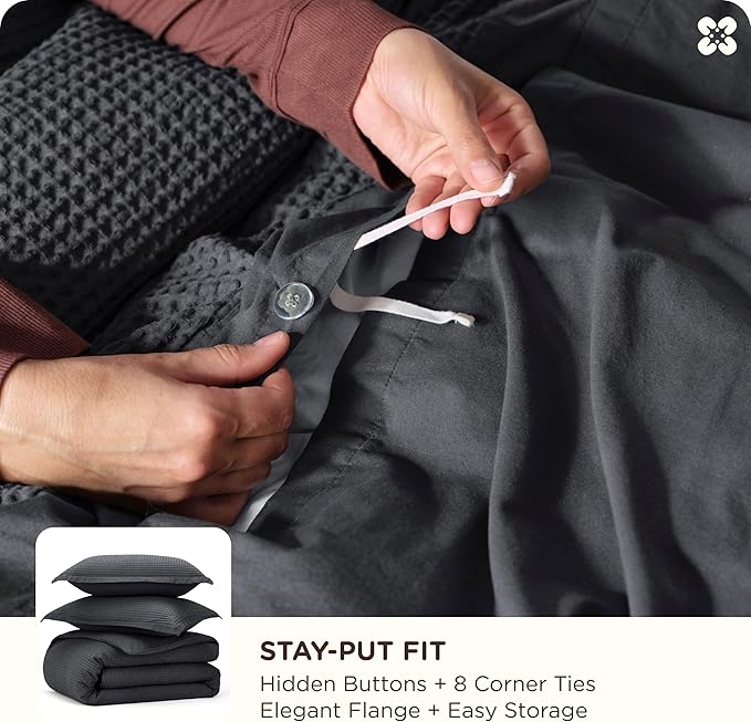 Bedsure Cotton Duvet Cover Set - 100% Cotton Waffle Weave Charcoal Duvet Cover California King Size, GentleSoft™ and Breathable Cal King Bedding Set for All Season, 3 Pieces, 104"x98"