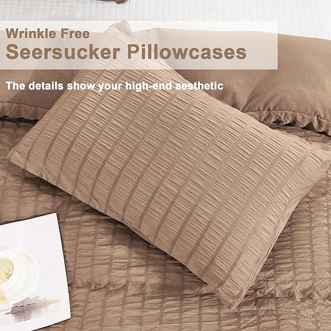AveLom Taupe Duvet Cover Full(80 x 90 inches), 3 Pieces (1 Duvet Cover, 2 Pillow Cases),Seersucker Tripe Soft Washed Microfiber Textured Duvet Cover Set with Zipper Closure, Corner Ties