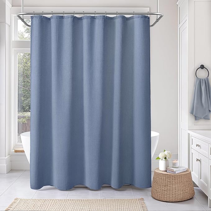 Waffle Weave Shower Curtain - Moonlight Blue Cotton Fabric Texture Heavyweight Shower Curtain for Bathroom,Washable,72Wx72L