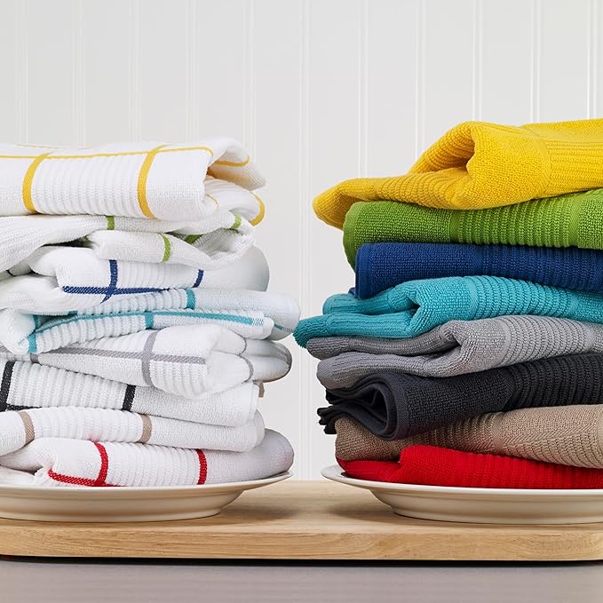 T-Fal Solid & Checked Parquet Kitchen Towels: Highly Absorbent, Super Soft Long Lasting - 100% Cotton, 16"x26" Dish Towels for Cleaning & Drying Dishes, Pans, Glassware, Countertops, 6-Pack, Gray