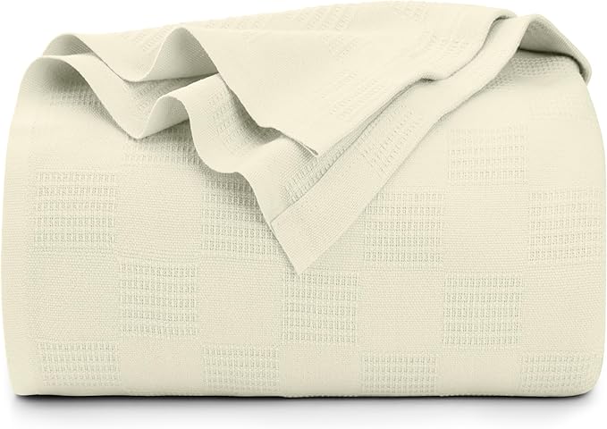 Utopia Bedding Ivory 100% Cotton Blanket [Queen Size - 90x90 Inch] 350GSM Lightweight, Soft and Breathable Thermal Blanket for All Seasons
