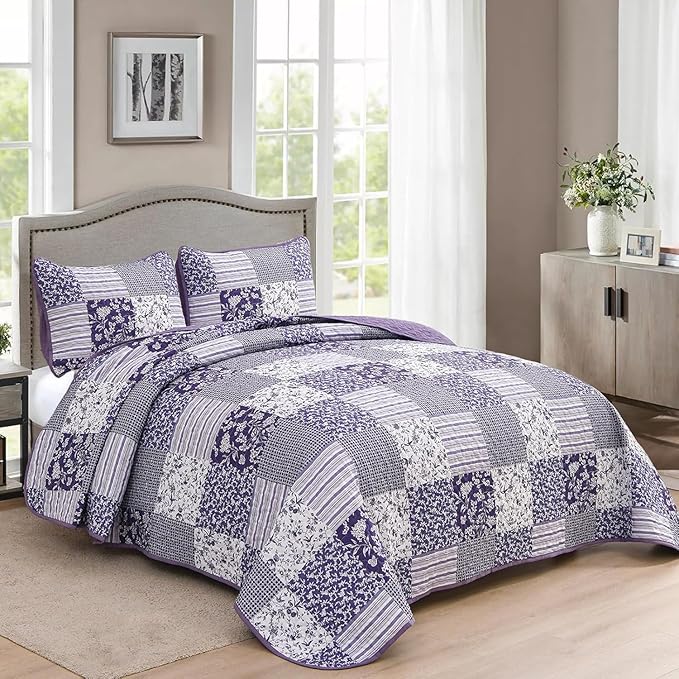 Mybedsoul Purple Quilt Set Full Size, 3 Pieces Plaid Floral Bedspread Set Patchwork Reversible Bedding Set Microfiber Lightweight Bedspread Coverlet Set for All Season 78"x90"