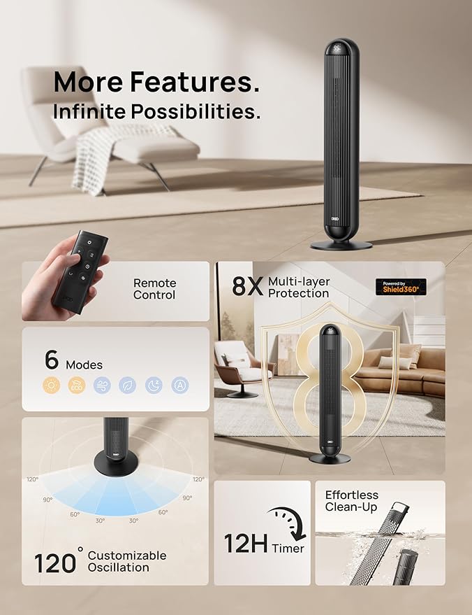 Dreo Tower Fan and Heater Combo, 29.2ft/s Standing Fans for Bedroom, 17 Levels, 6 Modes, 120° Oscillation, 42 Inch, 12H Timer, 25dB Quiet, with Remote, for Office, Large Room, Black