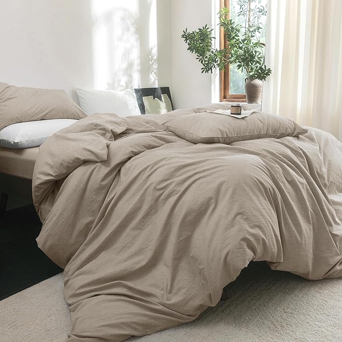 FOSSA Duvet Cover Set 100% Washed Cotton Linen Feel Super Soft Breathable Cozy 3 Pieces Bedding Sets Solid Tannish Linen Grey Oversized Queen