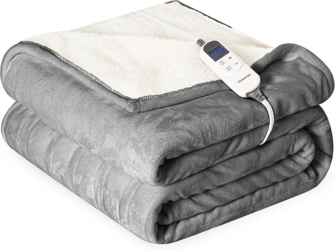 Heat Blanket 50”x60” Throw,Soft Flannel & Sherpa Reversible Electric Blanket with 10 Heat Settings,12 Timer Setting and 3 Hours Auto-Shut Off,ETL Certified Machine Washable,Light Grey
