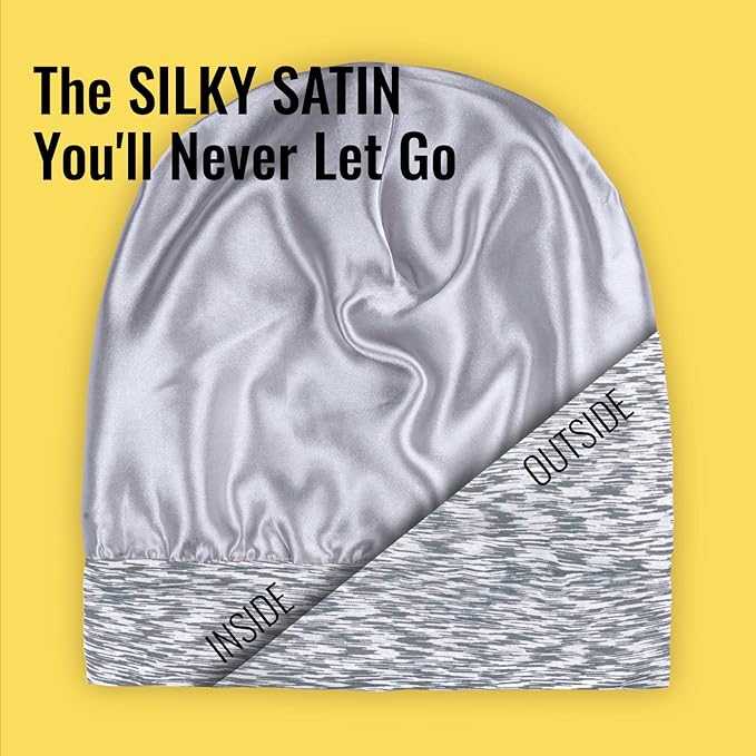 Satin Lined Sleep Cap Bonnet for Curly Hair and Braids, Stay On All Night Hair Wrap with Adjustable Strap for Women and Men, Light Grey and White, Pack of 1