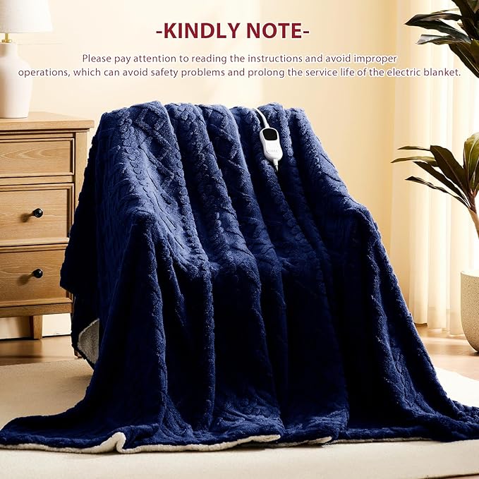 Heated Electric Blanket Queen Size-84"x90" Heating Blanket with 10 Heating Levels & 5 Time Settings Over-Heat Protection，Winter Warmer for Adults with ETL Certification（Navy Blue）