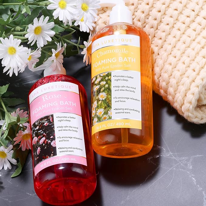 Bubble Bath, Spa Luxetique Foaming Bath for Women with Pure Epsom Salt, Bath Sets Rose and Chamomile Scent, Moisturizing and Relaxing Spa Gifts for Mom, 33.2 Oz (2 Pack)