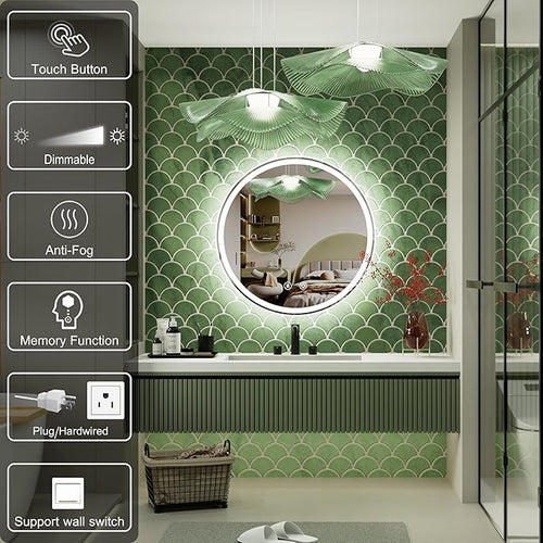 20 Inch Round LED Bathroom Mirror,Front & Backlit Lighted Bathroom Vanity Mirror, 6000K, CRI 90+, Dimmable, Touch, Anti-Fog