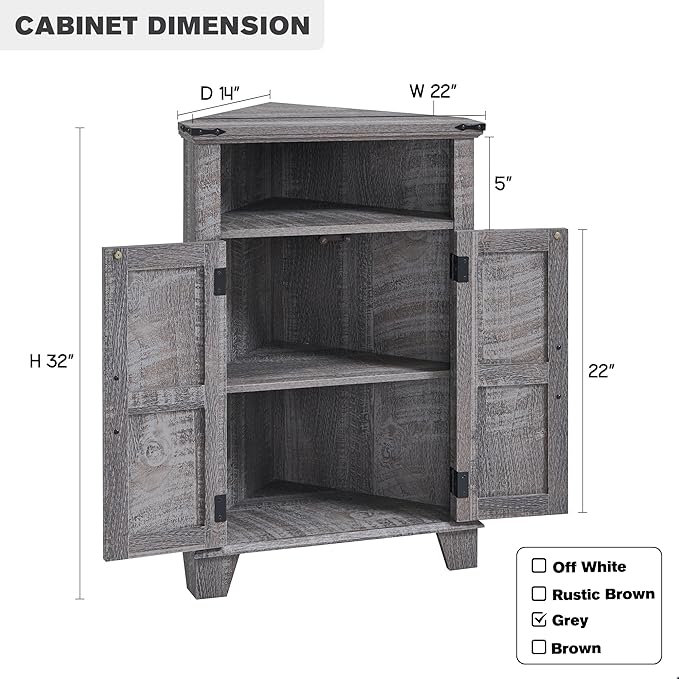 ACCOHOHO Corner Bathroom Cabinet, Farmhouse Small Corner Cabinet with Barn Door & Adjustable Shelf, Storage Cabinets for Bathroom, Kitchen, Living Room, Grey Wash