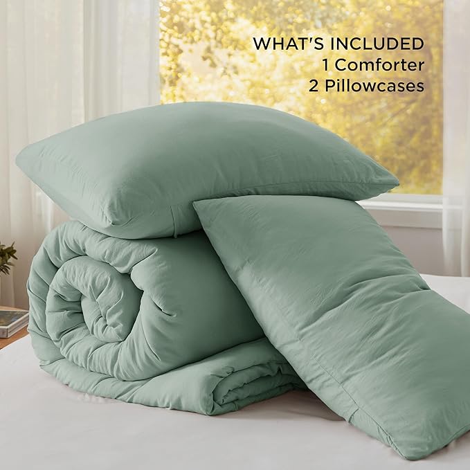 Bedsure Queen Size Comforter Set, Sage Green Soft Prewashed Bedding for All Seasons, 3 Pieces GentleSoft™ Warm Down Alternative Bed Set, 1 Lightweight Comforter (90"x90") and 2 Pillowcases (20"x26")