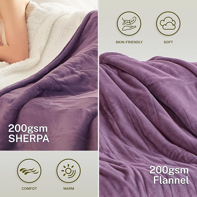 Heat Blanket 50”x60” Throw,Soft Flannel & Sherpa Reversible Electric Blanket with 10 Heat Settings,12 Timer Setting and 3 Hours Auto-Shut Off,ETL Certified Machine Washable,Purple