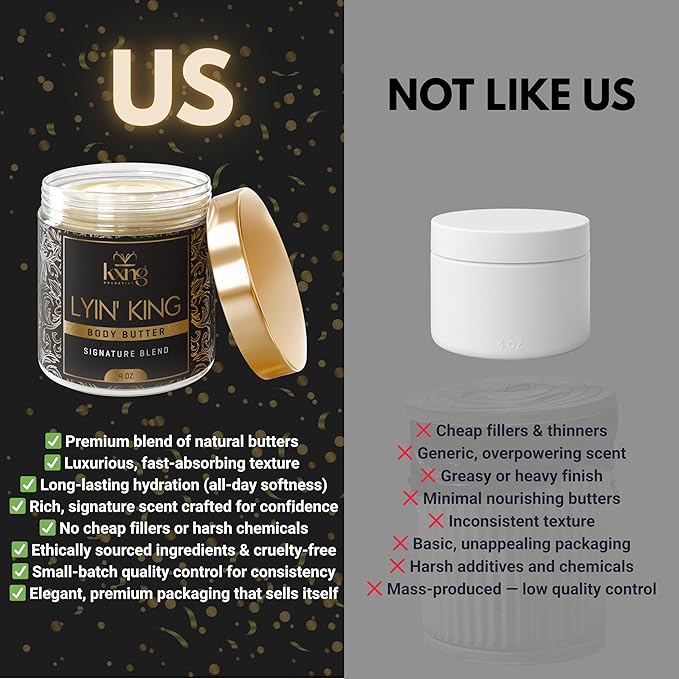 KXNG Cosmetics, Body Butter, Organic Skin Care for Men and Women, Body Moisturizer Lotions and Creams, Raw Shea Butter, Cocoa Butter, Mango, Coconut Oil, Hand, Foot, All Skin Types (Lyin’ King)